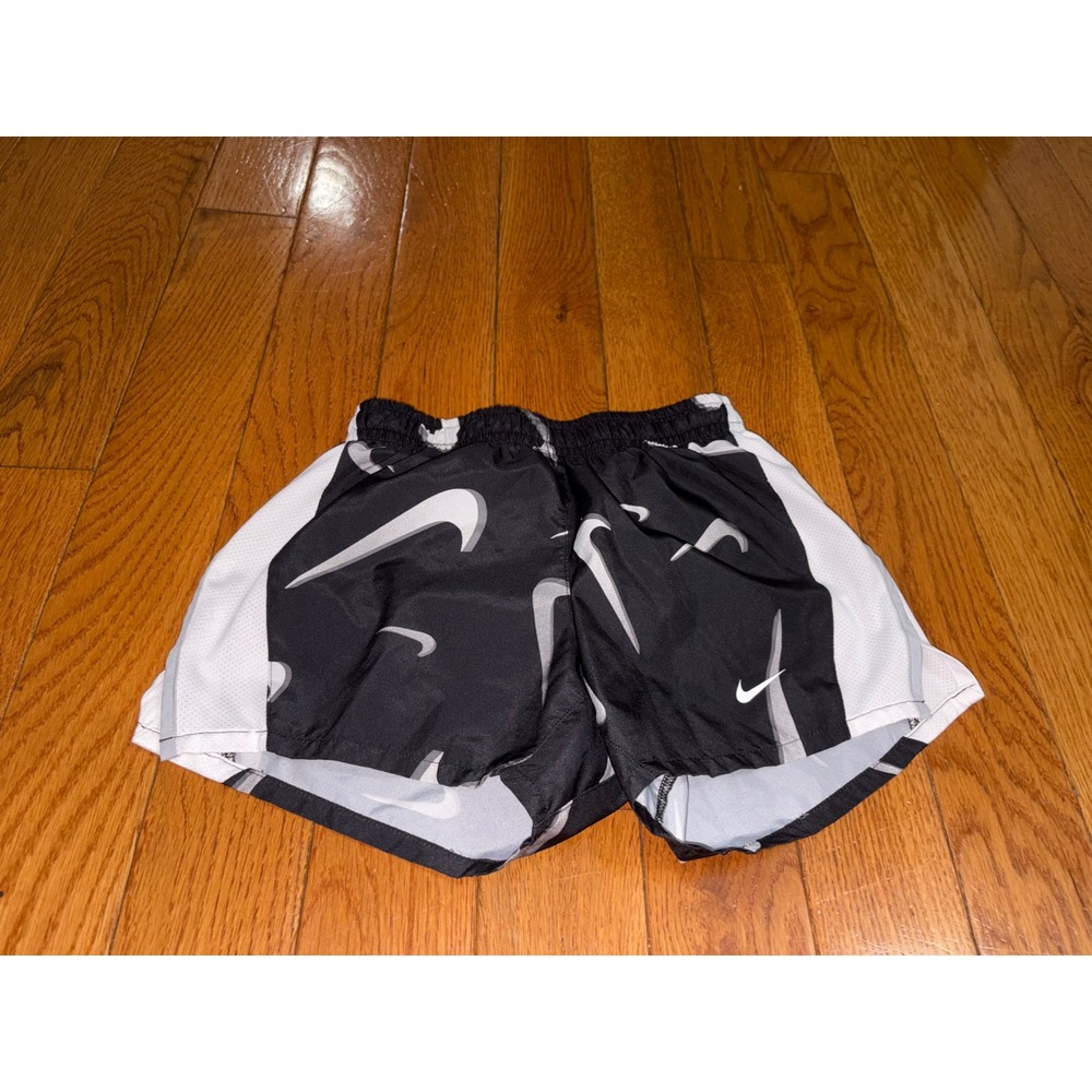 Nike Kids Dri-FIT Swoosh Print Athletic Running Shorts Black White Grey Size M